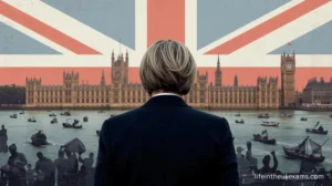 UK Home Secretary Shabana Mahmood outside the Houses of Parliament, announcing major asylum system reforms, with visuals representing refugees and Channel crossings in the background