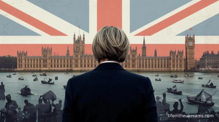 UK Home Secretary Shabana Mahmood outside the Houses of Parliament, announcing major asylum system reforms, with visuals representing refugees and Channel crossings in the background